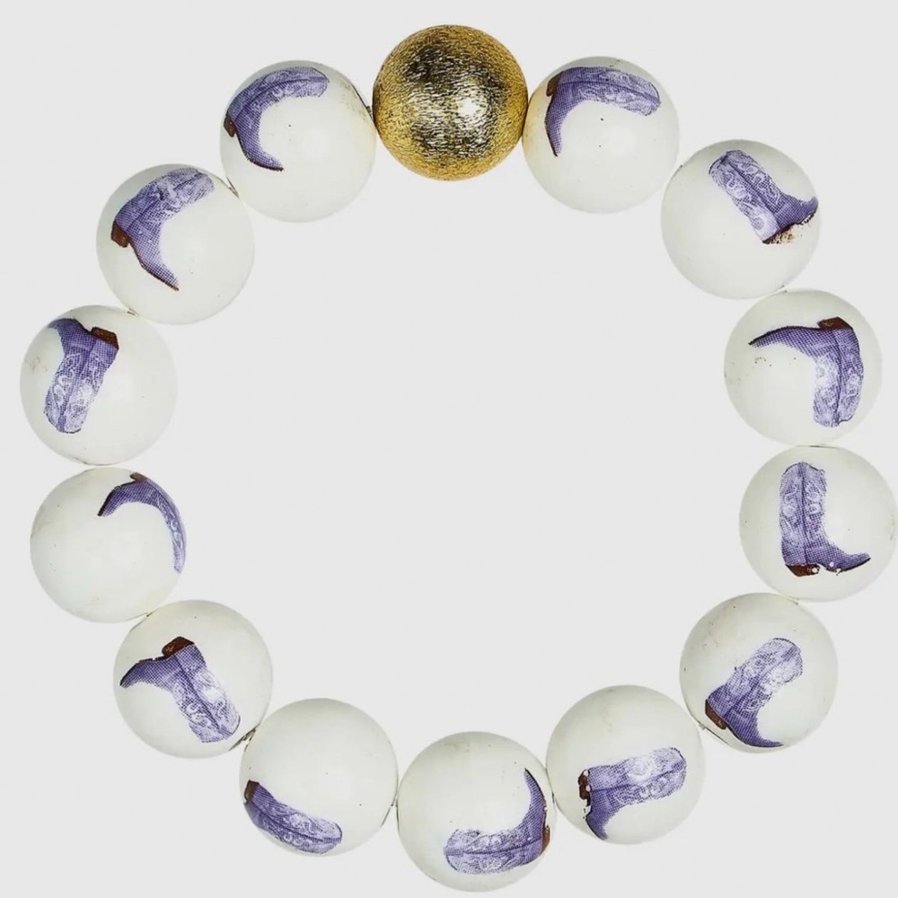 Hand Painted White and Purple Beaded Bracelet with Gold Accent